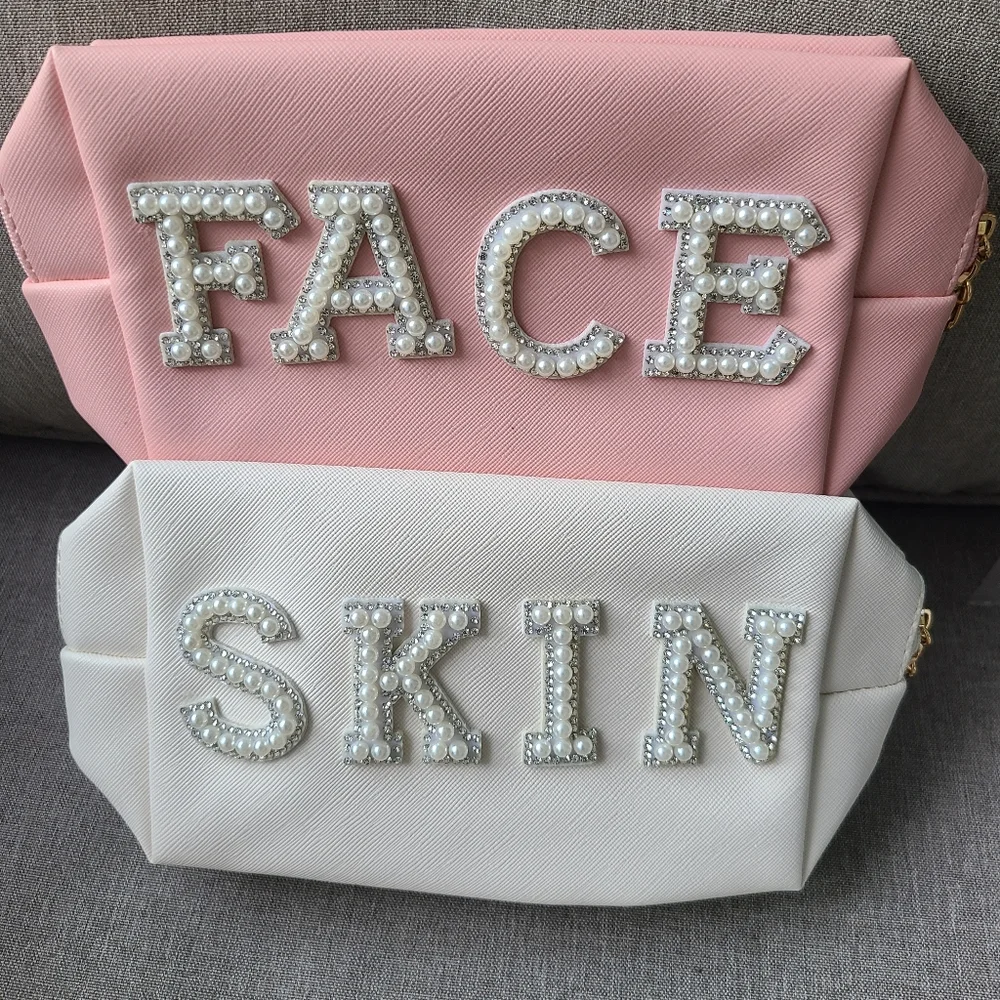 FACE SKIN Preppy Patch Makeup Bag pearl rhinestone Letter Cosmetic Pouch w/flaws - Picture 1 of 8